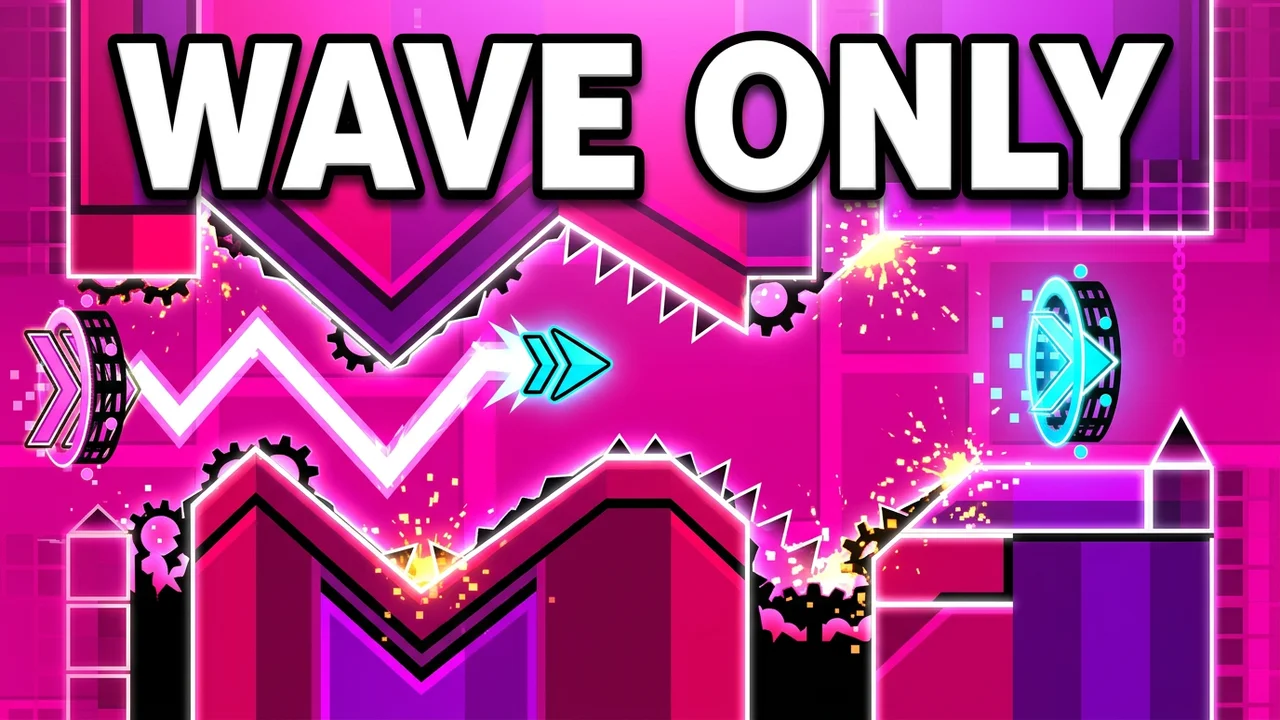 Geometry Dash wave thumbnail template, a cyan wave arrow leaving a sharp white zig zag trail through tight pink corridors, WAVE ONLY text