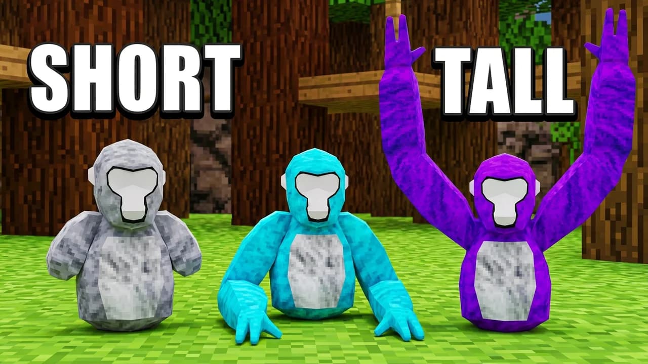 Gorilla Tag arm length thumbnail template, a grey, a cyan and a purple gorilla side by side on the grass, the purple one with very long arms raised, SHORT and TALL text