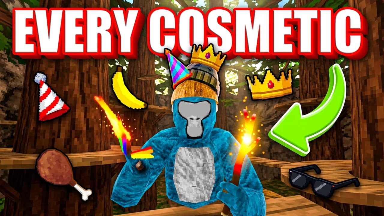 Gorilla Tag cosmetics thumbnail template, a blue gorilla in a stack of hats holding glowing sticks, surrounded by a party hat, a banana, a chicken leg, a crown and sunglasses, a green arrow and EVERY COSMETIC text