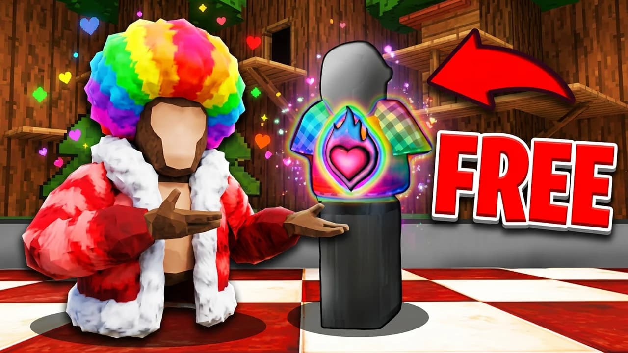 Gorilla Tag free items thumbnail template, a gorilla in a rainbow afro wig and fluffy coat next to a glowing rainbow heart sweater on a stand, a red arrow and FREE text