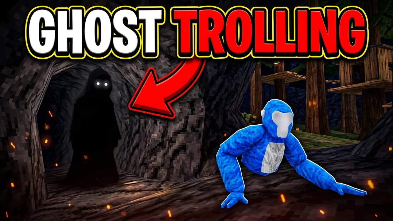 Gorilla Tag ghost trolling thumbnail template, a dark hooded figure with glowing white eyes in a cave and a blue gorilla crouching in front, a red arrow and GHOST TROLLING text