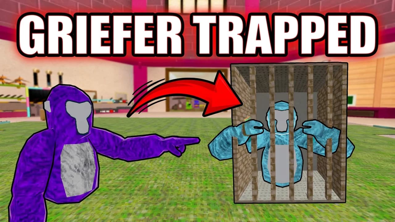 Gorilla Tag griefer thumbnail template, a purple gorilla pointing at a light blue gorilla stuck in a wooden cage in the shop room, a red arrow and GRIEFER TRAPPED text