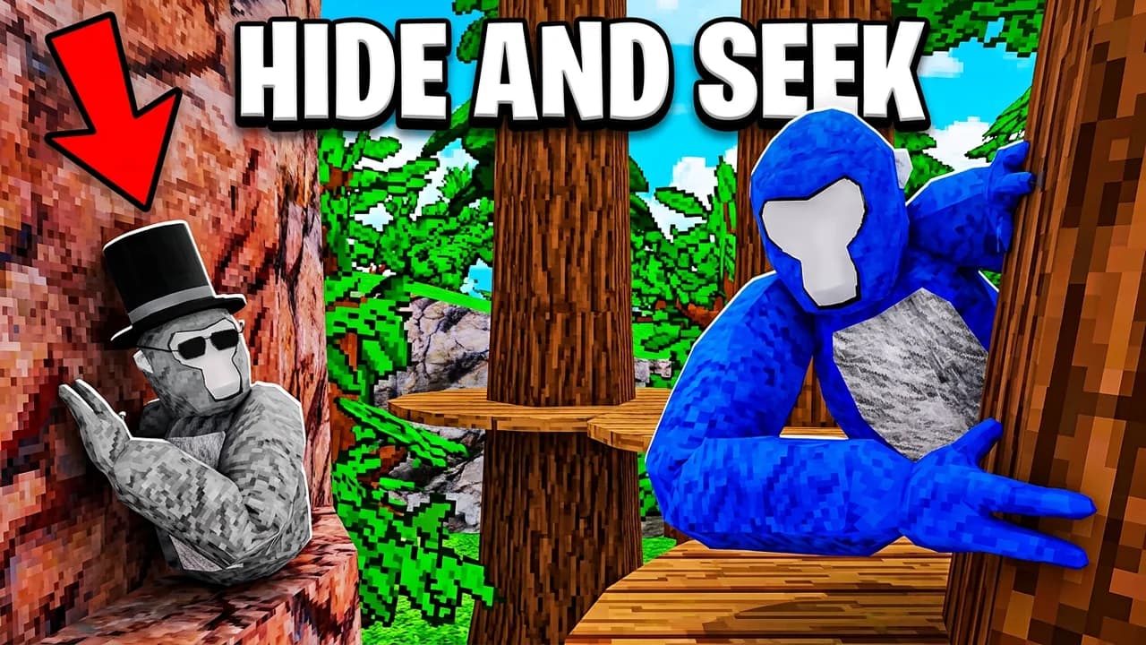 Gorilla Tag hide and seek thumbnail template, a grey gorilla in a top hat and sunglasses hiding against a tree while a blue gorilla leans in looking, a red arrow and HIDE AND SEEK text