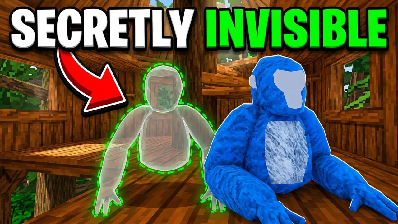 Gorilla Tag invisible thumbnail template, a see-through gorilla outlined in green next to a blue gorilla in a tree house room, a red arrow and SECRETLY INVISIBLE text