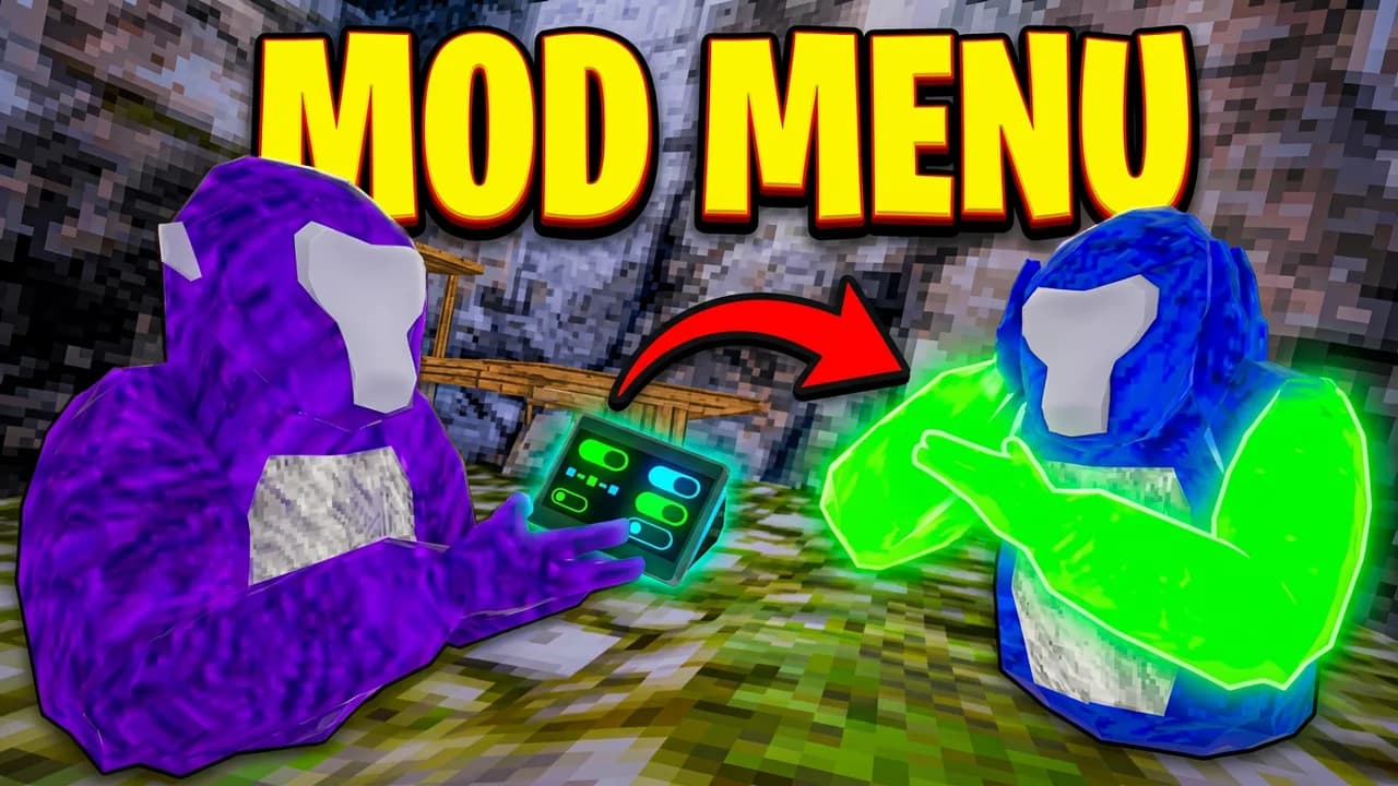 Gorilla Tag mods thumbnail template, a purple gorilla holding a glowing tablet of toggle switches, a red arrow to a blue gorilla with glowing green arms, MOD MENU text