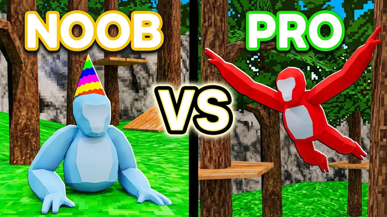 Gorilla Tag noob vs pro thumbnail template, a light blue gorilla in a rainbow party hat sitting on the forest floor on the left, a red gorilla leaping between tree trunks on the right, NOOB, VS and PRO text