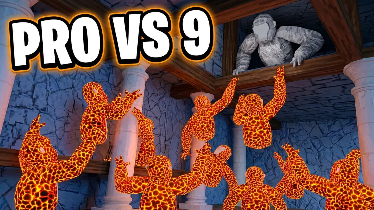 Gorilla Tag pro vs hunters thumbnail template, a grey gorilla on a high wooden beam with a crowd of orange lava gorillas reaching up at it in a stone room with pillars, PRO VS 9 text
