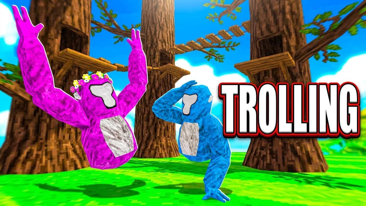 Gorilla Tag trolling thumbnail template, a pink gorilla in a flower crown with arms up next to a confused blue gorilla in the tree house forest, TROLLING text