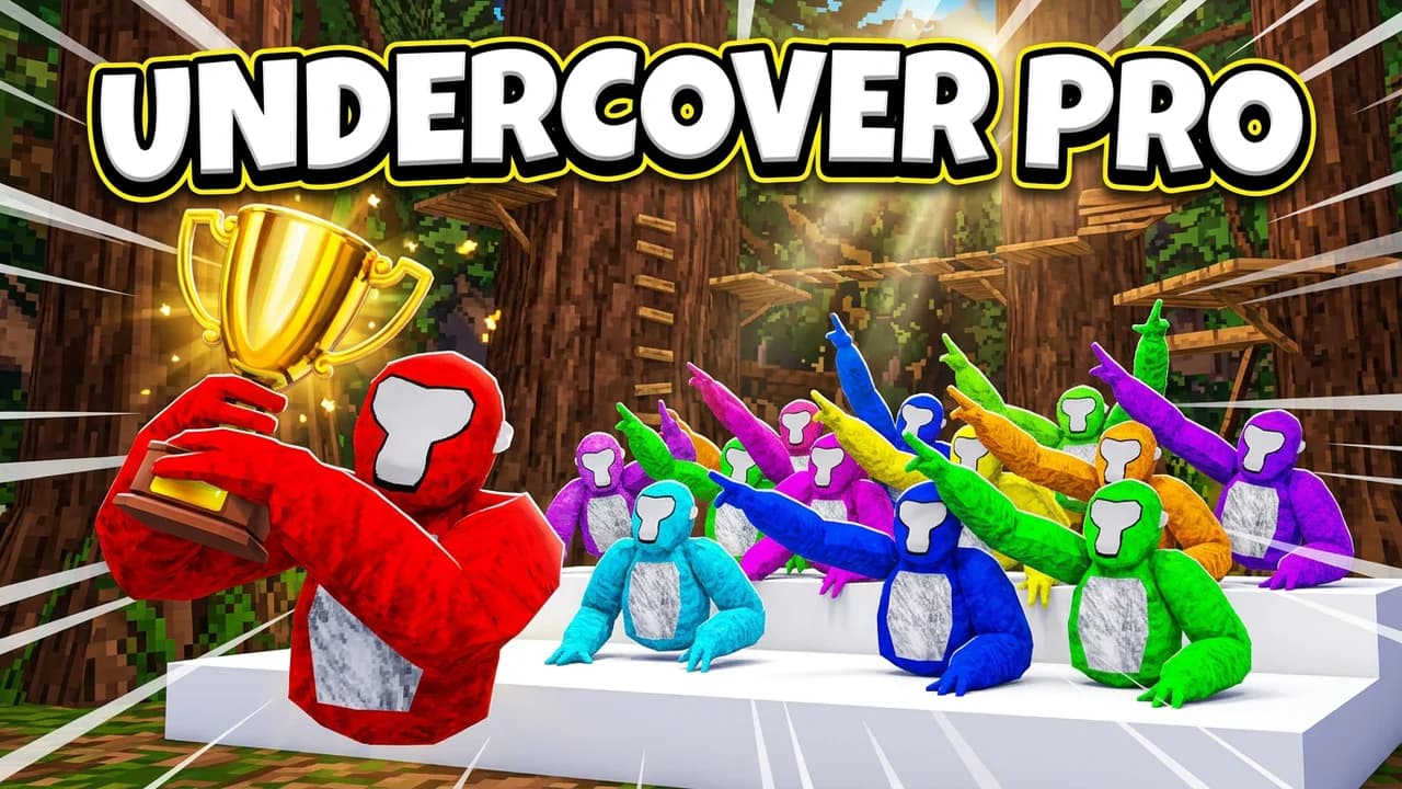 Gorilla Tag tournament thumbnail template, a red gorilla holding a gold trophy in front of a crowd of colourful gorillas pointing at it on a white stage, UNDERCOVER PRO text