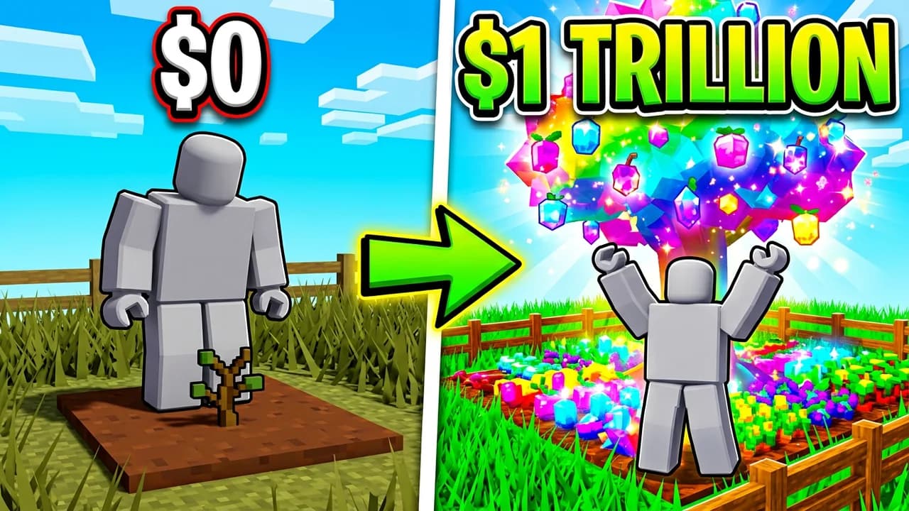 Grow a Garden $0 to 1 trillion thumbnail template, a player holding a tiny sapling on the left, a green arrow to a giant rainbow crystal tree on the right, $0 and $1 TRILLION text