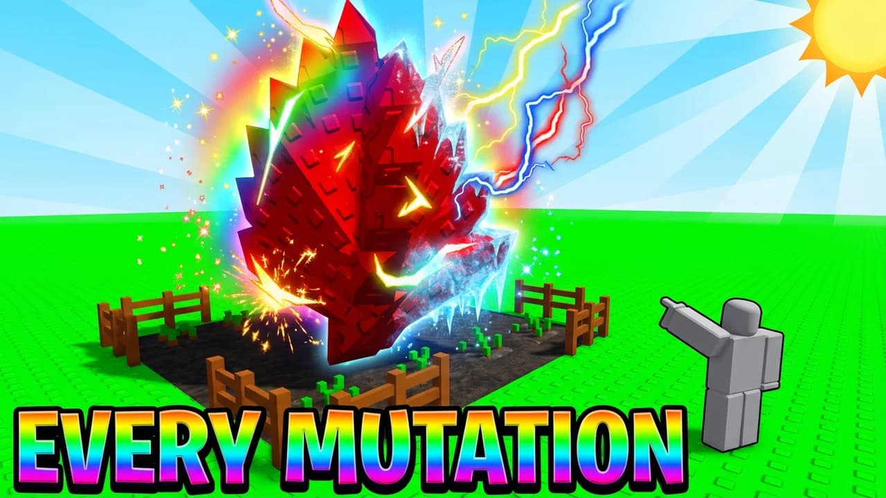 Grow a Garden every mutation thumbnail template, a giant red crystal fruit crackling with lightning and ice, a player pointing at it, rainbow EVERY MUTATION text