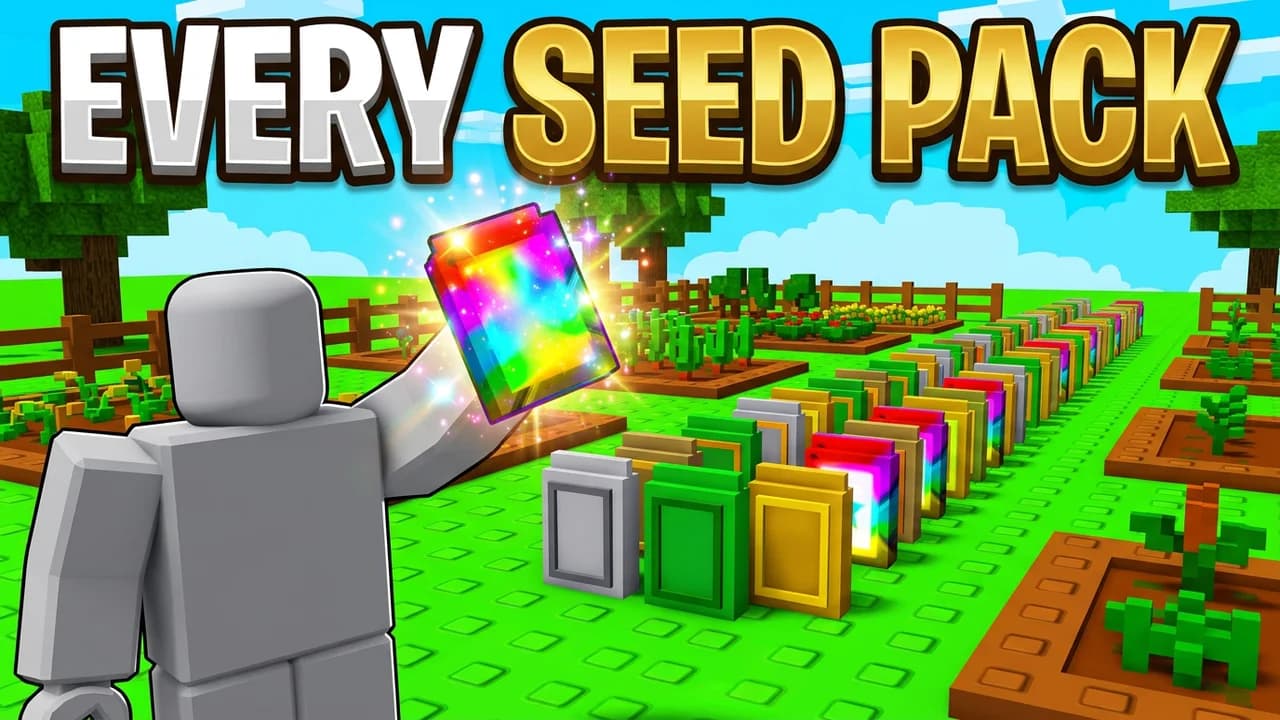 Grow a Garden every seed pack thumbnail template, a player holding up a rainbow seed pack in front of a row of colourful seed packs, EVERY SEED PACK text