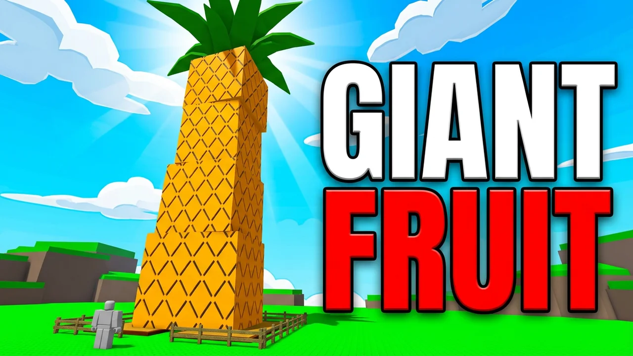 Grow a Garden giant fruit thumbnail template, a towering pineapple next to a tiny player in the garden, GIANT FRUIT text