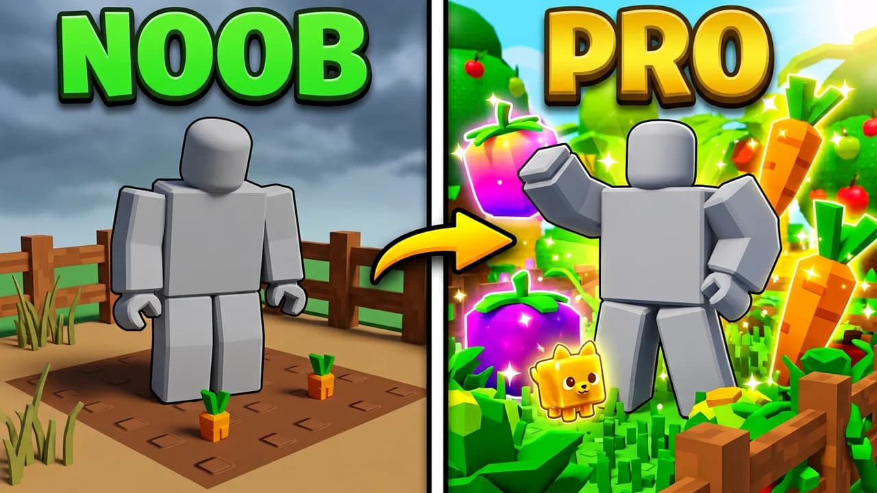Grow a Garden noob vs pro thumbnail template, a sad player on a bare dirt plot with a few carrots on the left, the same player in a lush garden of glowing fruit with a small pet on the right, a curved arrow and NOOB and PRO text