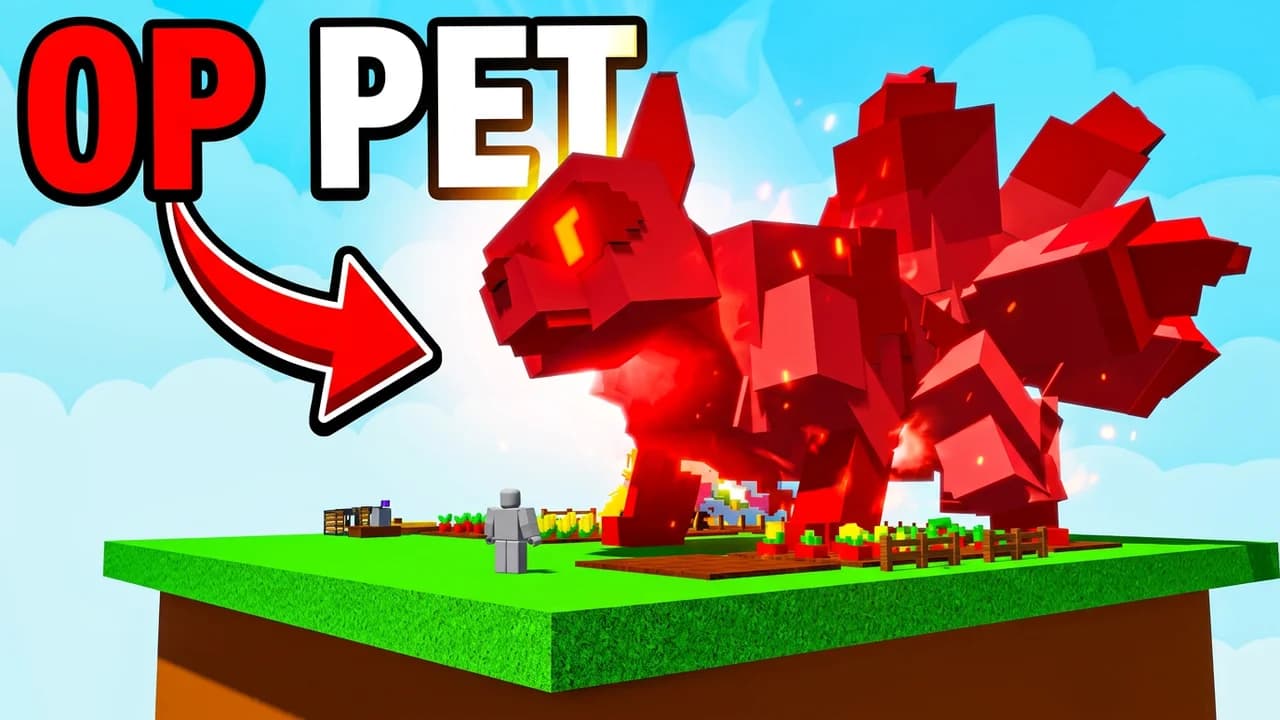 Grow a Garden OP pet thumbnail template, a huge red nine-tailed fox pet on a floating garden island, a red arrow and OP PET text