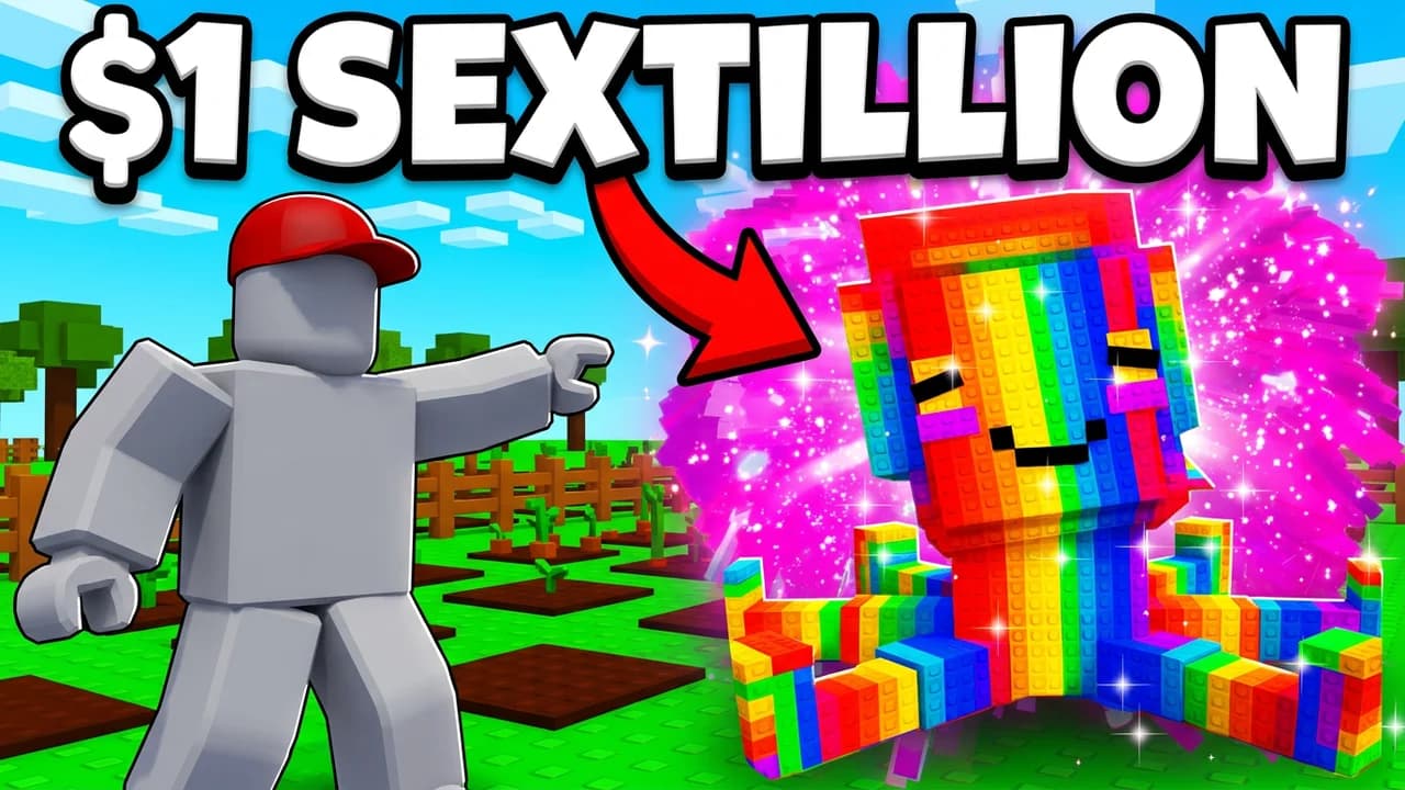 Grow a Garden rainbow plant thumbnail template, a player in a red cap pointing at a blocky rainbow plant with a cartoon face, a red arrow, a pink burst and $1 SEXTILLION text