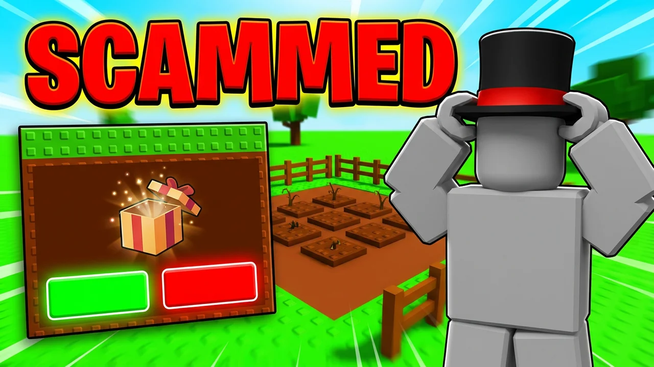 Grow a Garden scammed thumbnail template, a player in a top hat holding their head next to a gift popup, big SCAMMED text