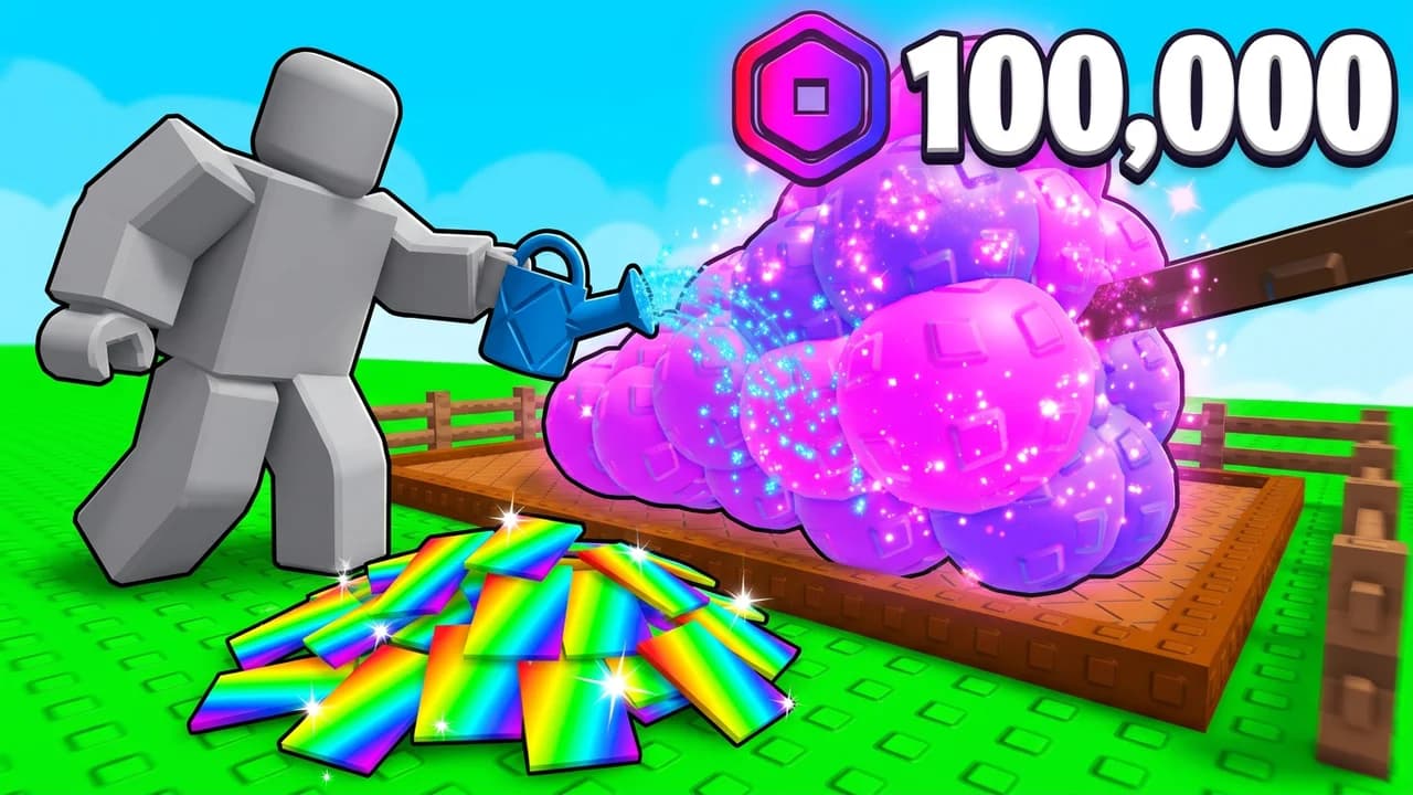 Grow a Garden spending Robux thumbnail template, a player watering a pink fluffy plant next to a pile of rainbow seed packs, 100,000 with a Robux icon