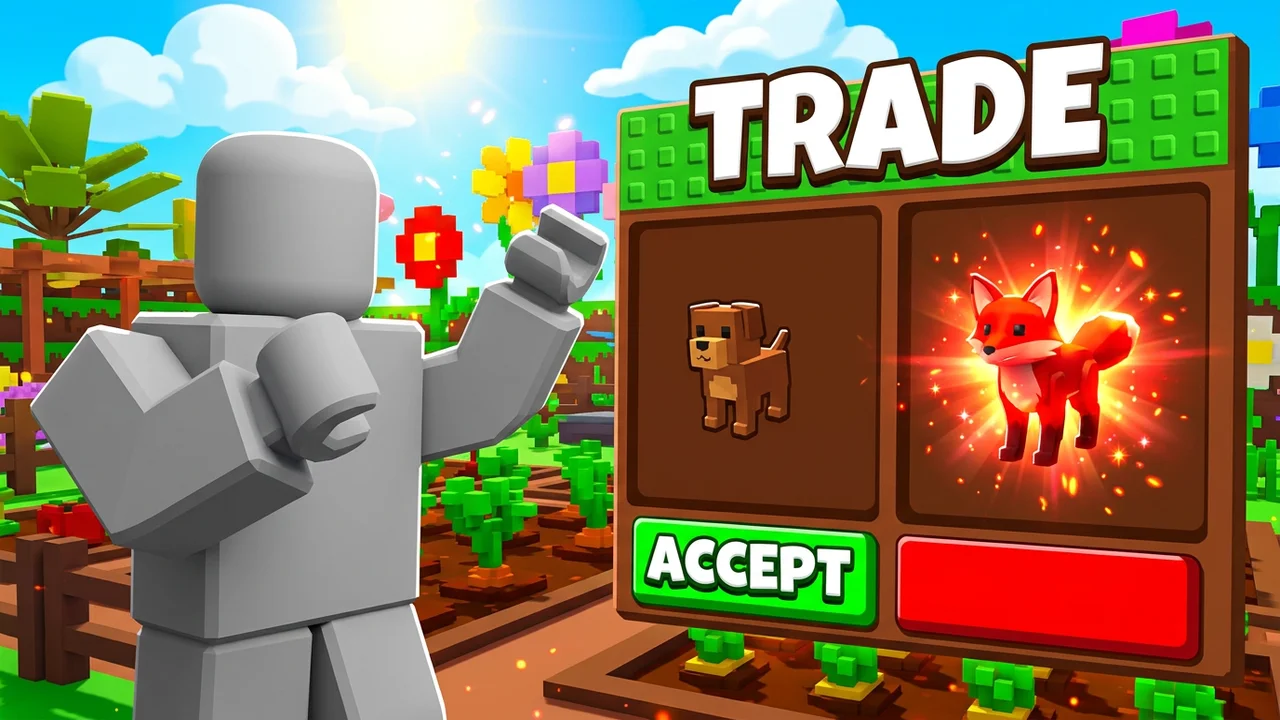 Grow a Garden trading thumbnail template, a wooden trade window with a dog pet on one side and a glowing fox pet on the other, TRADE and ACCEPT text