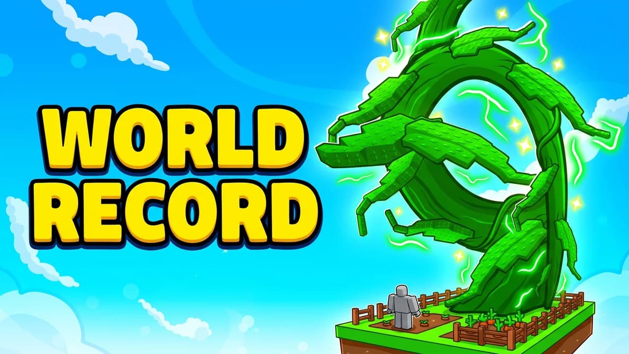 Grow a Garden world record thumbnail template, a giant twisting green beanstalk with green lightning on the right, a tiny player on a garden plot at its base, WORLD RECORD in yellow over a blue sky on the left
