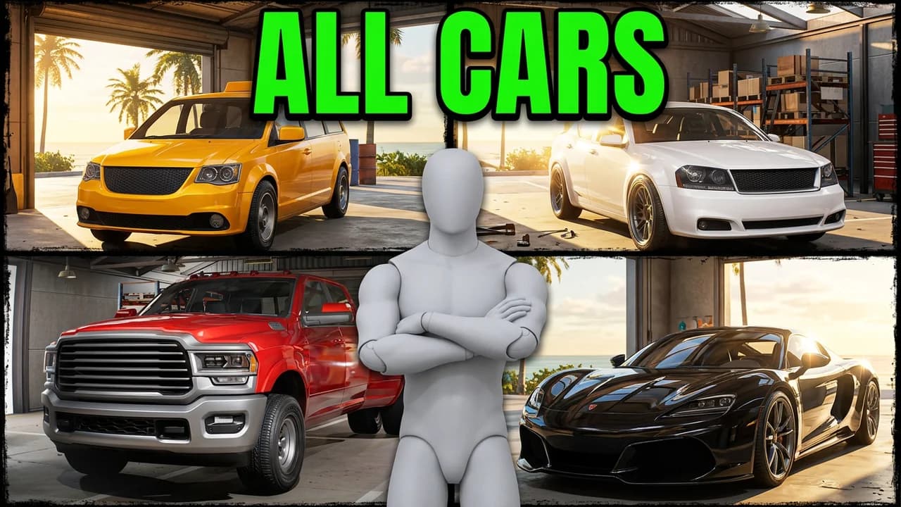GTA 6 all cars thumbnail template, four cars in a sunny garage grid, a yellow taxi, a white sedan, a red pickup and a black sports car, a player with arms crossed in the middle, ALL CARS text