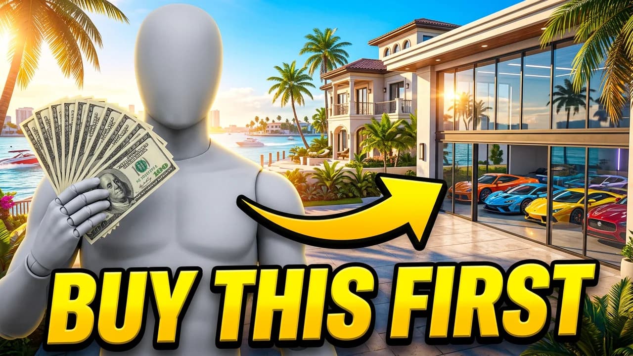 GTA 6 what to buy first thumbnail template, a player holding a fan of cash, a yellow arrow pointing at a waterfront mansion with a glass garage of supercars, BUY THIS FIRST text