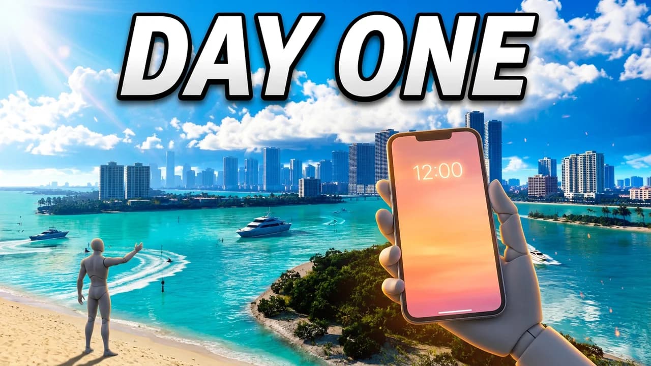 GTA 6 day one thumbnail template, a hand holding a phone with a glowing lock screen in front of the sunny Vice City skyline and turquoise bay, a player waving on the beach, DAY ONE text