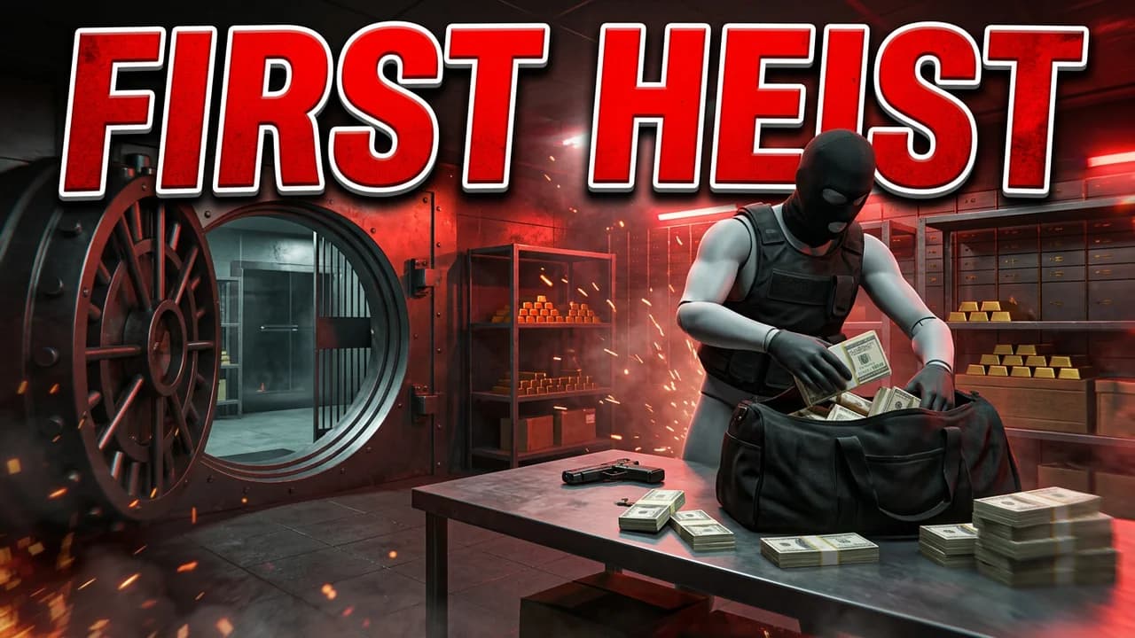 GTA 6 heist thumbnail template, a masked player stuffing cash into a black bag on a metal table inside an open bank vault with gold bars and a pistol, FIRST HEIST text