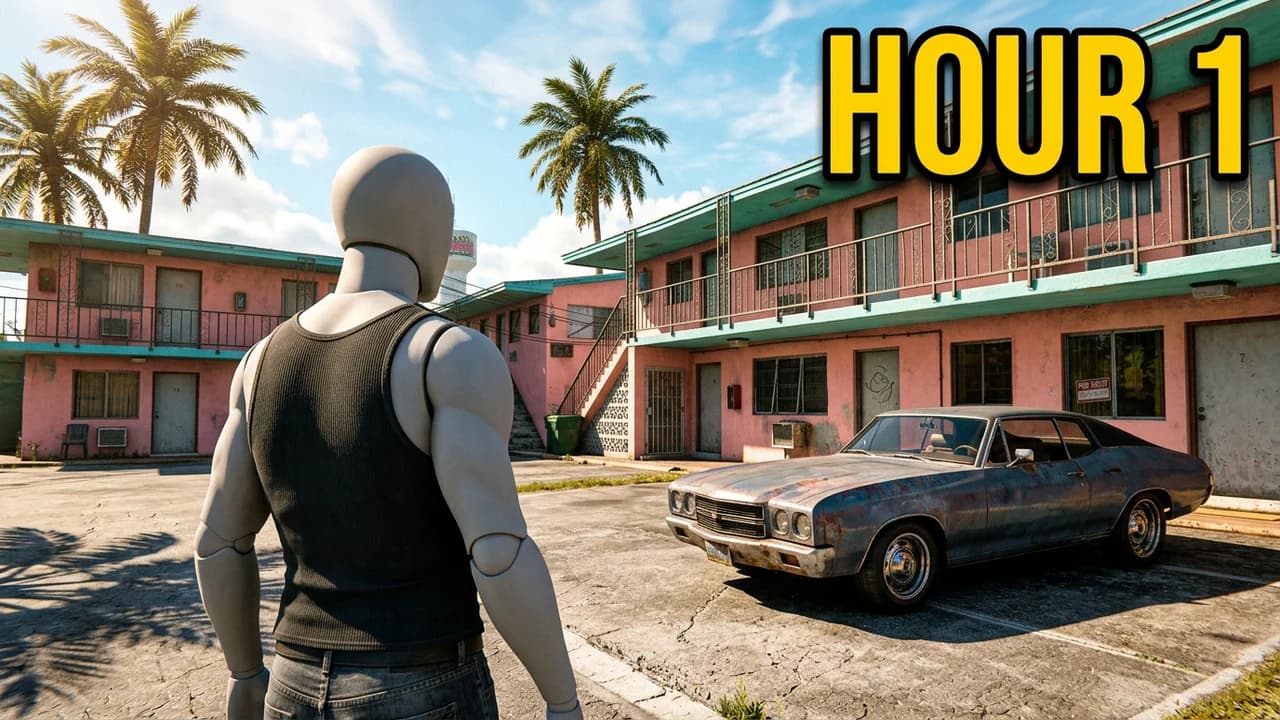 GTA 6 first hour thumbnail template, a player in a black tank top walking up to a pink two-storey Vice City motel with a rusty old car in the lot and palm trees, HOUR 1 text