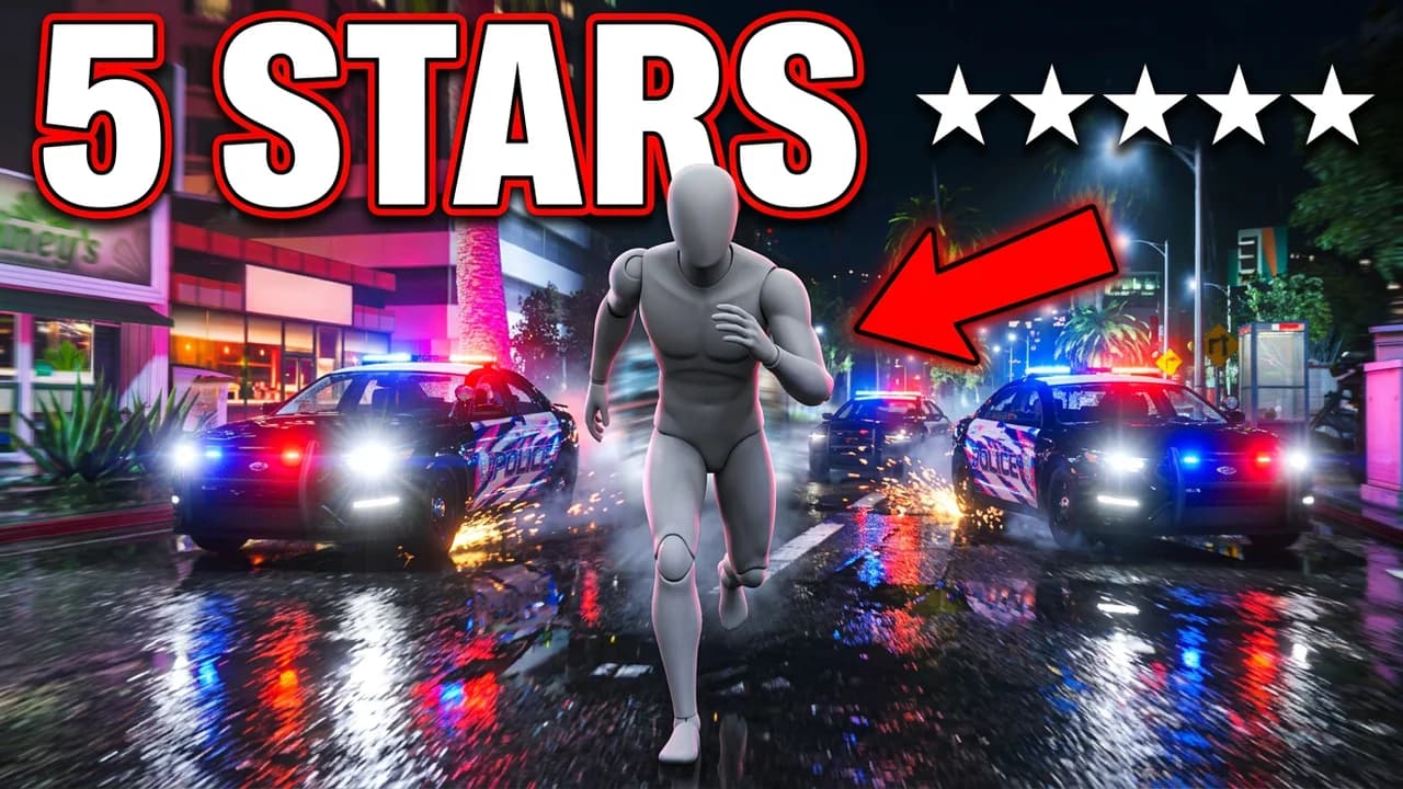 GTA 6 5 star wanted level thumbnail template, a player sprinting down a wet neon Vice City street at night with police cars and flashing lights behind, a red arrow, five white stars and 5 STARS text