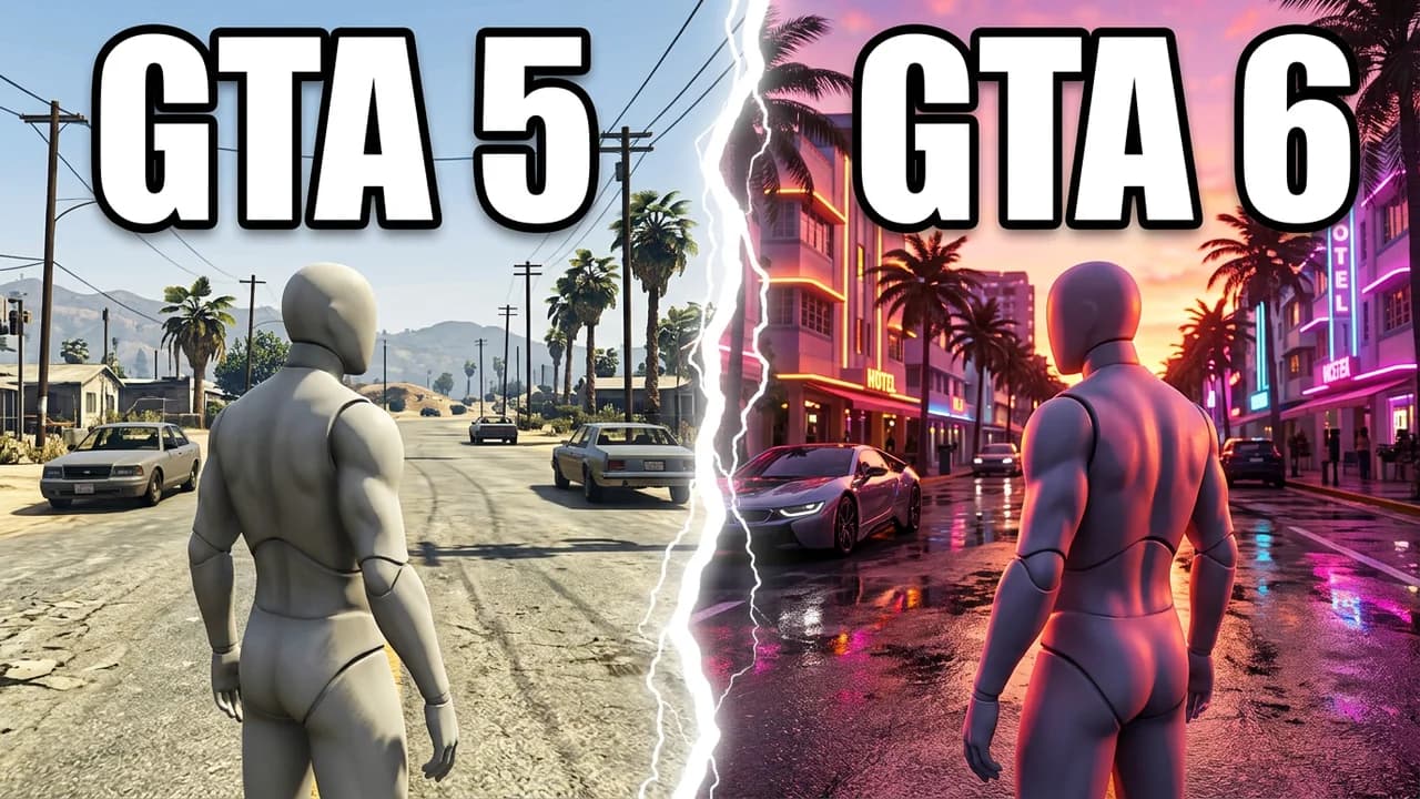 GTA 6 vs GTA 5 split thumbnail template, a player on a dusty daylight Los Santos street on the left and on a neon wet Vice City street at sunset on the right, a lightning split, GTA 5 and GTA 6 text