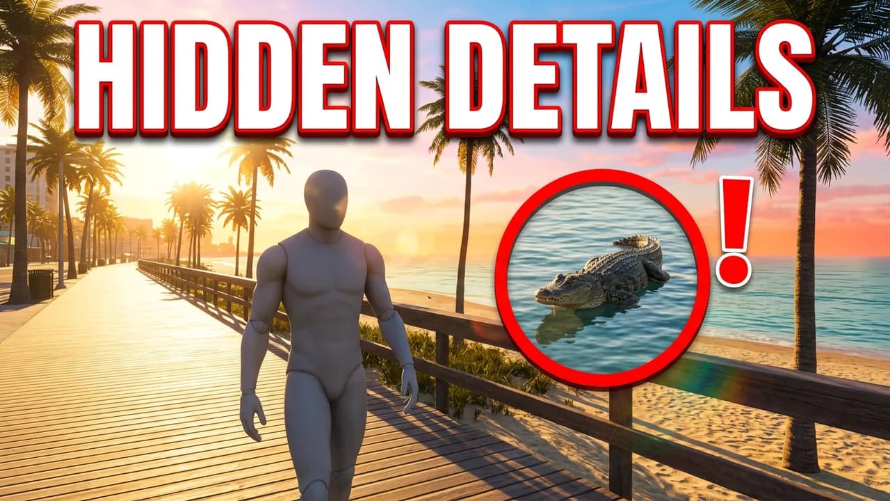 GTA 6 hidden details thumbnail template, a player walking along a sunny Vice City beach boardwalk, a red circle on an alligator in the water and a red exclamation mark, HIDDEN DETAILS text