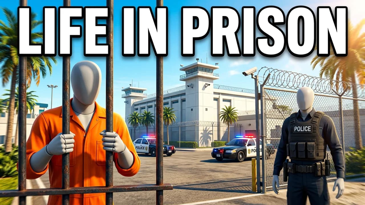 GTA 6 prison thumbnail template, a player in an orange jumpsuit behind rusty bars in front of a white prison with watchtowers, a police officer in a vest by the fence, LIFE IN PRISON text