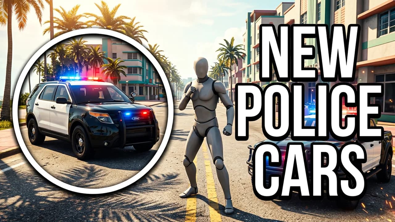 GTA 6 police cars thumbnail template, a black and white police SUV with flashing lights in a white circle and a player on a sunny Vice City street, NEW POLICE CARS text