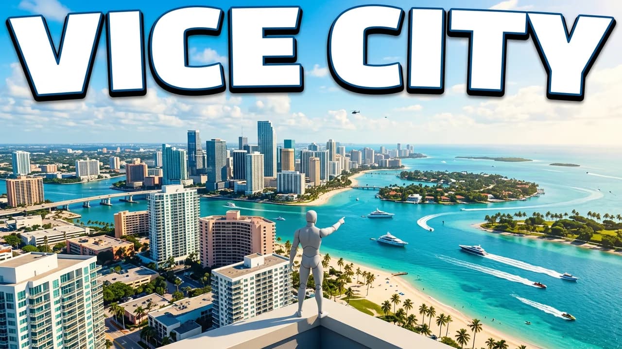 GTA 6 Vice City map thumbnail template, a player on a rooftop pointing at a wide aerial view of the Vice City skyline, beaches and boats on the bay, VICE CITY text
