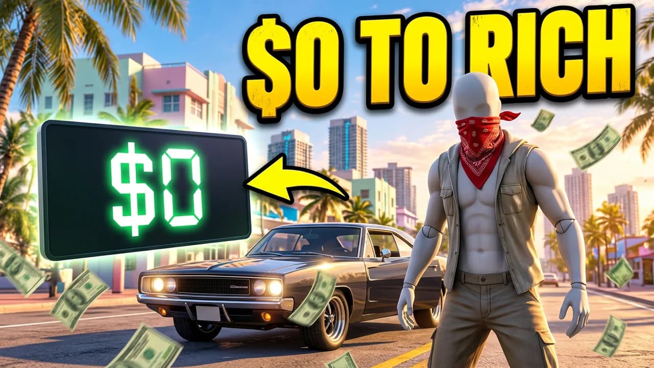 GTA 6 $0 to rich thumbnail template, a player in a red bandana by a muscle car on a Vice City street, a green $0 counter panel and flying cash, $0 TO RICH text