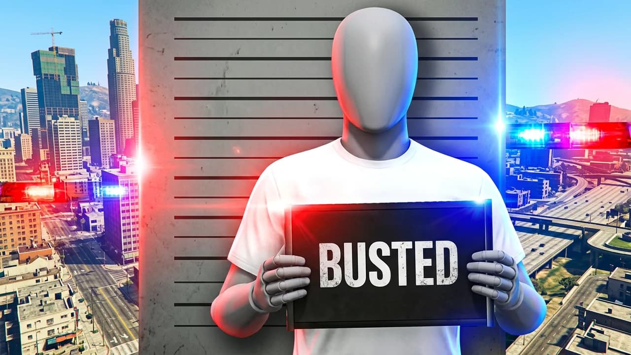 GTA 5 busted mugshot thumbnail template, a player in a white t-shirt holding a black BUSTED booking board in front of a height chart, red and blue police lights and the Los Santos skyline on both sides