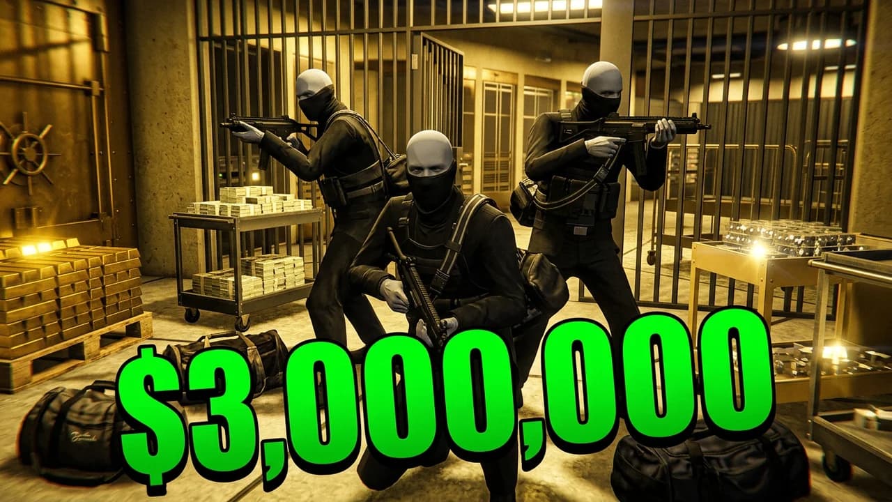 GTA 5 casino heist thumbnail template, three masked players in black tactical gear aiming rifles inside a gold vault with gold bars and cash carts, big green $3,000,000 text