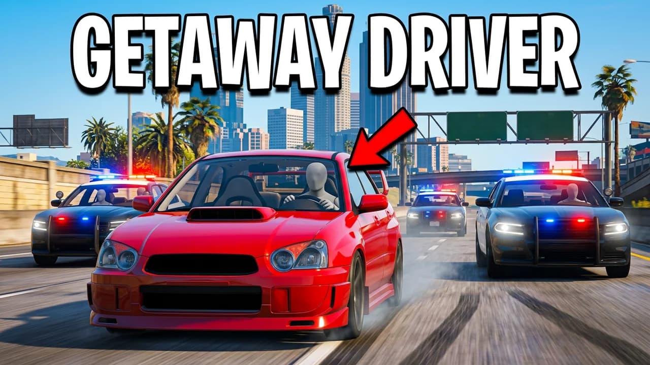 GTA 5 getaway driver thumbnail template, a red street car speeding at the camera on a Los Santos freeway with police cars right behind, a red arrow pointing at the driver, GETAWAY DRIVER text