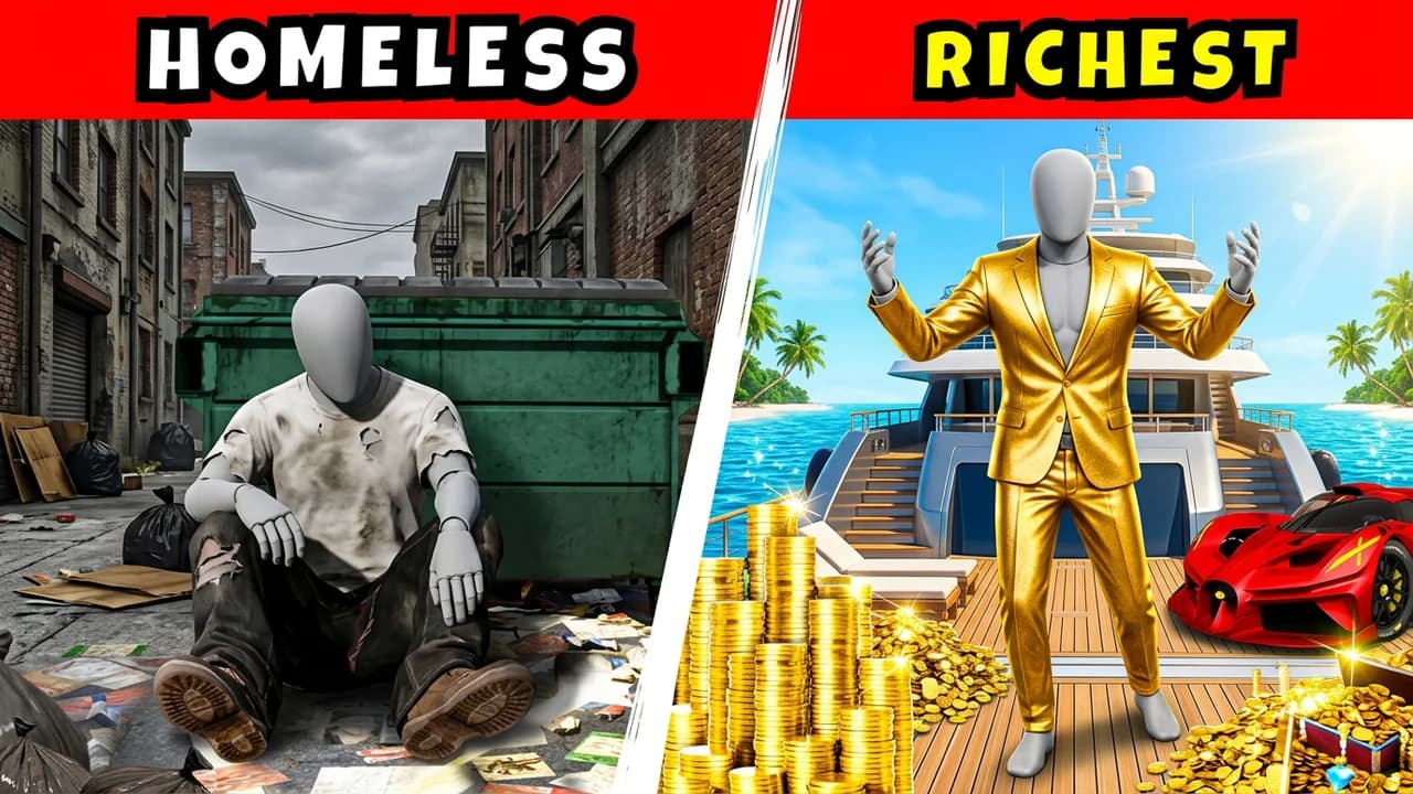 GTA 5 homeless to richest thumbnail template, a player in torn clothes sitting by a green dumpster in an alley on the left and the same player in a gold suit on a yacht with gold coins and a red supercar on the right, HOMELESS and RICHEST banners