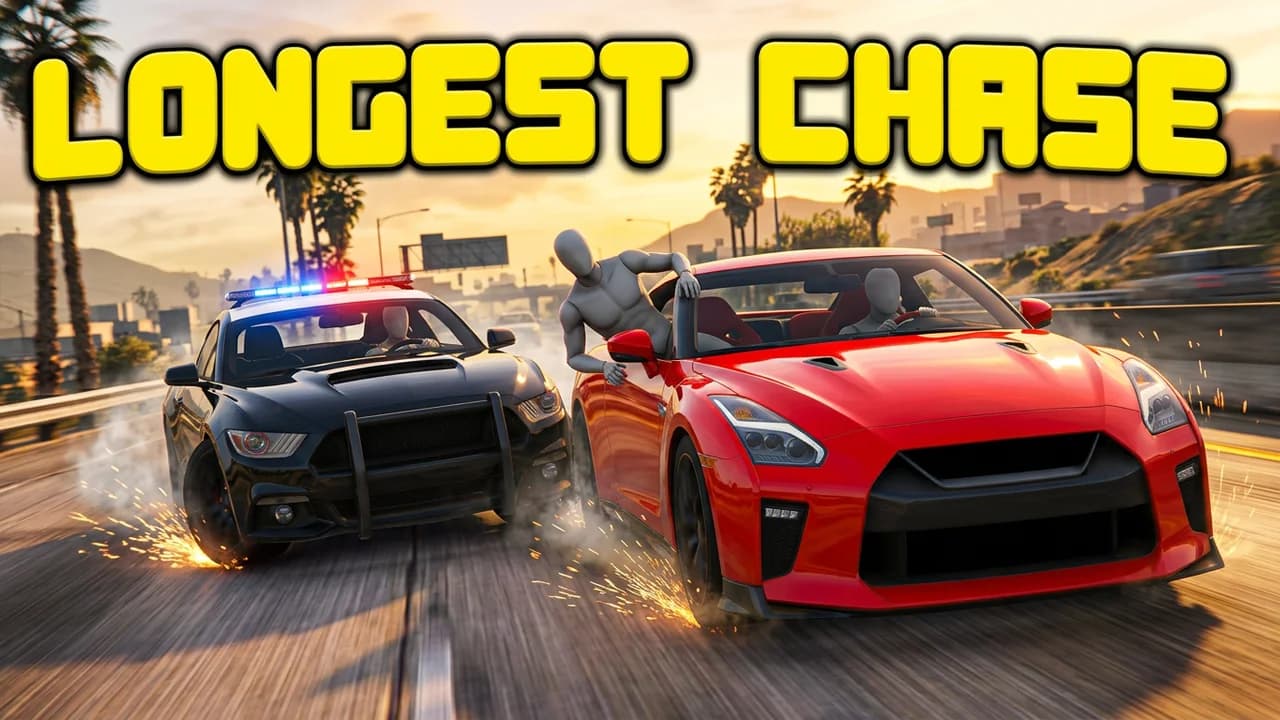 GTA 5 police chase thumbnail template, a red sports car and a black police cruiser racing side by side on a highway with sparks flying, the player leaning out of the sports car, LONGEST CHASE text