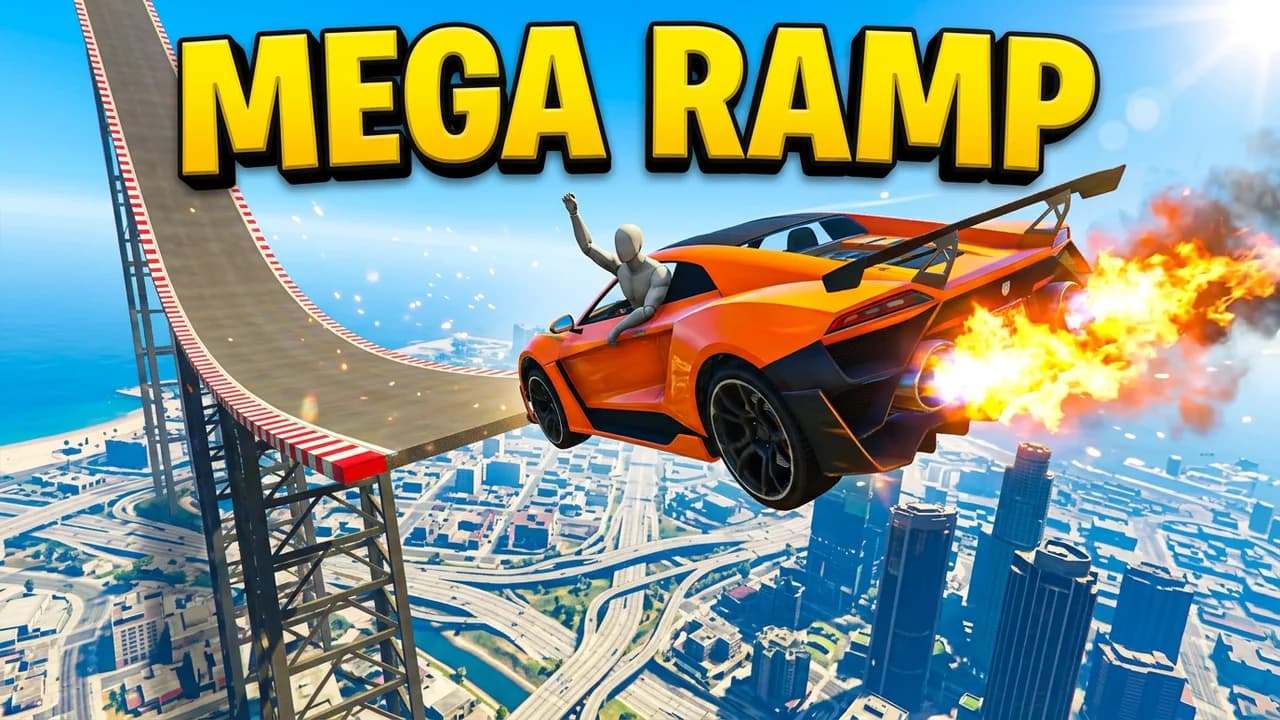 GTA 5 mega ramp stunt thumbnail template, an orange supercar with flames from the exhaust flying off a giant ramp high above Los Santos, the player leaning out with an arm in the air, MEGA RAMP text