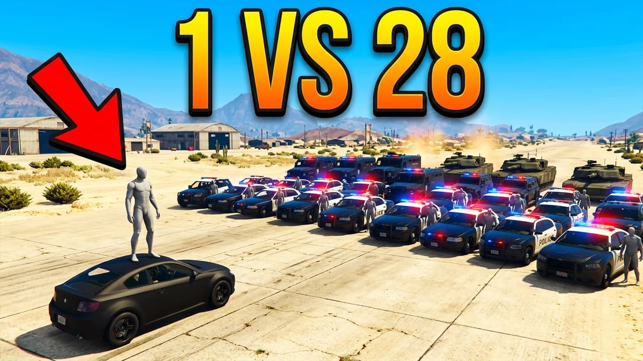 GTA 5 hunters thumbnail template, a player standing on the roof of a black car on a desert airfield facing rows of police cars and tanks, a red arrow and 1 VS 28 text