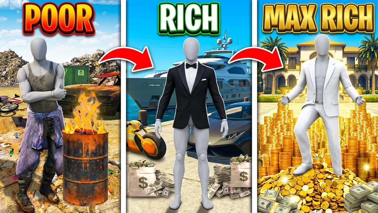 GTA 5 poor vs rich vs max rich thumbnail template, three panels with red arrows: a player in rags by a burning barrel, a player in a tuxedo by a yacht and money bags, and a player in a white suit on a mountain of gold coins by a mansion