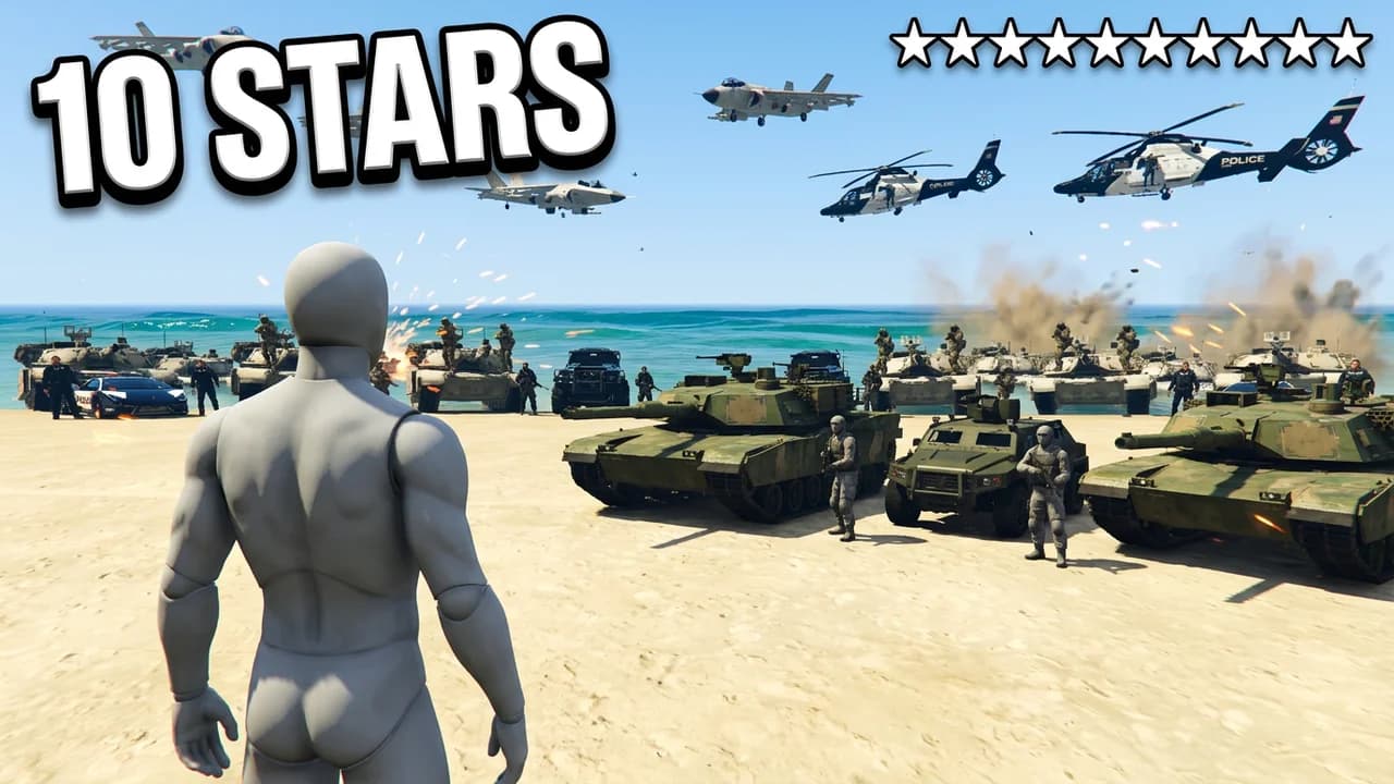 GTA 5 10 star wanted level thumbnail template, a player seen from behind on a beach facing a line of army tanks, soldiers, jets and helicopters, a row of ten white stars and 10 STARS text