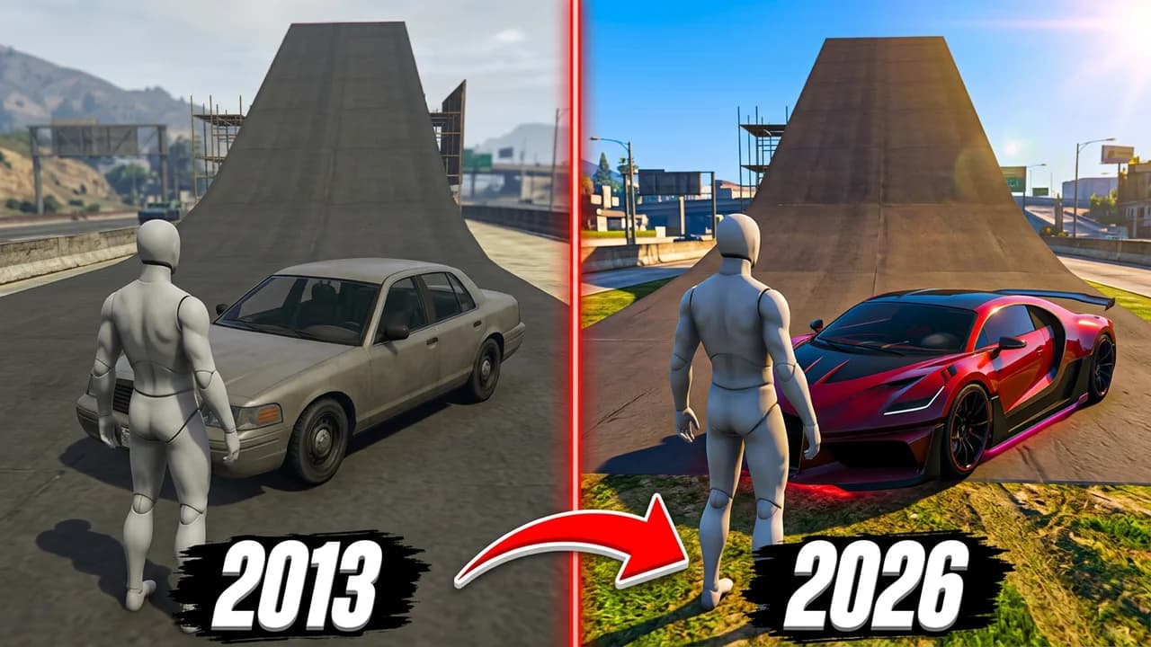 GTA 5 then vs now thumbnail template, a player beside an old grey sedan at a stunt ramp on the left and beside a red modern supercar at the same ramp on the right, split by a red line, 2013 and 2026 text