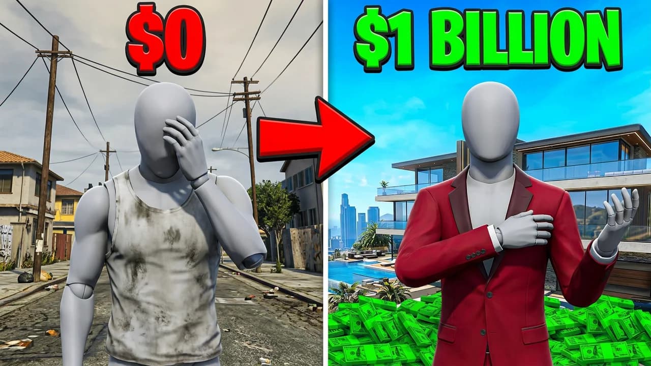 GTA 5 $0 to $1 billion thumbnail template, a player in a dirty vest with a hand over their face on a run-down street on the left and the same player in a red suit in piles of cash by a hillside mansion on the right, red arrow between