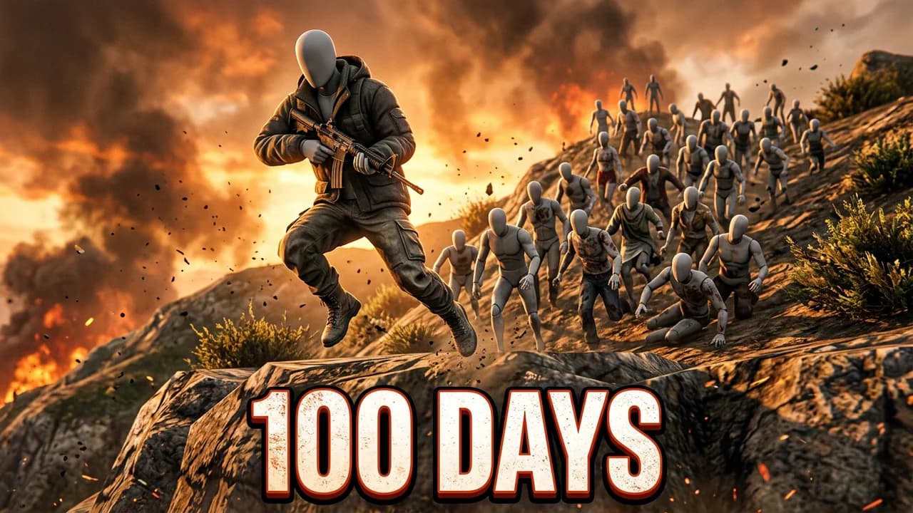 GTA 5 zombie apocalypse thumbnail template, a player in a dark jacket with a rifle leaping off a rocky ledge as a horde of zombies climbs the hill under a burning orange sky, 100 DAYS text