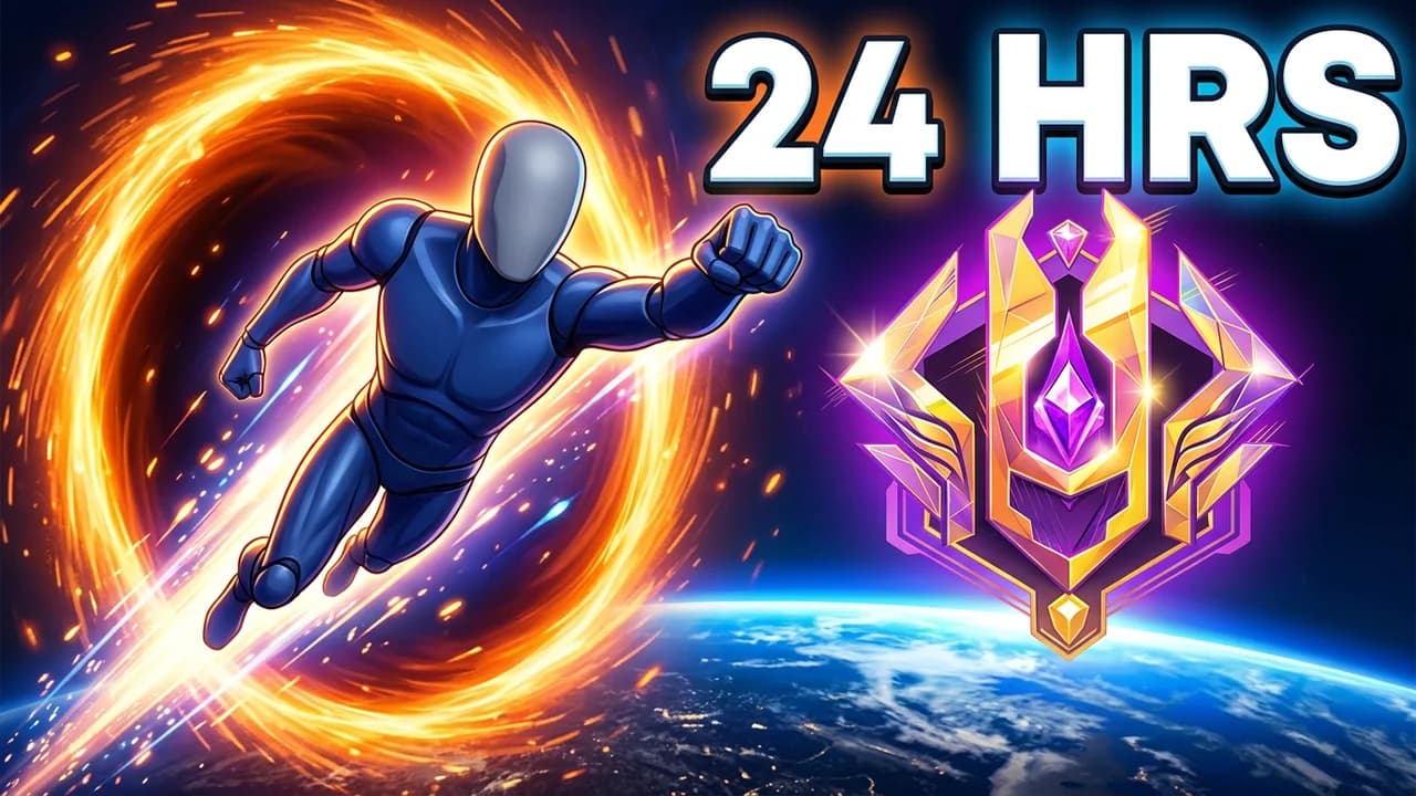 Marvel Rivals 24 hour ranked climb thumbnail template, a player in a dark blue suit flying out of a glowing orange portal above the Earth, a gold and purple rank crest on the right, 24 HRS text
