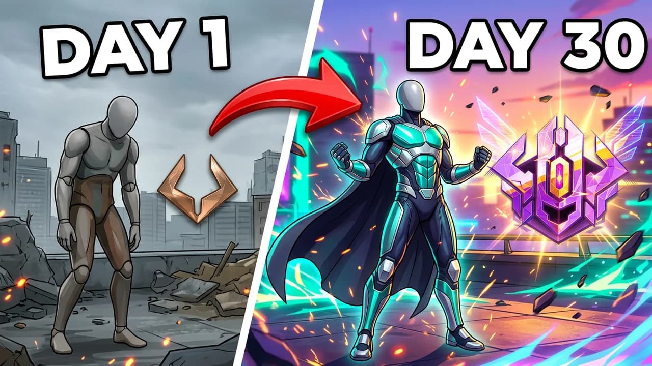Marvel Rivals day 1 vs day 30 thumbnail template, a plain grey player with a bronze rank crest on a ruined rooftop, a red arrow to the same player in a glowing teal and silver hero suit with a cape beside a purple and gold rank crest, DAY 1 and DAY 30 text